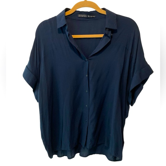 All Saints Tops - Allsaints Womens Button Up Short Sleeve Collared Shirt Viscose Blue Oversized M